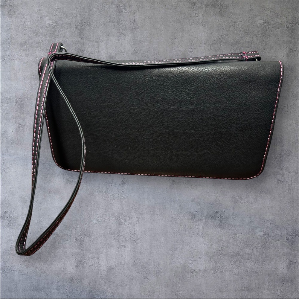 Marmi Leather Purse Wristlet Wallet Womens Large Black Pink‎ Contrast Stitch